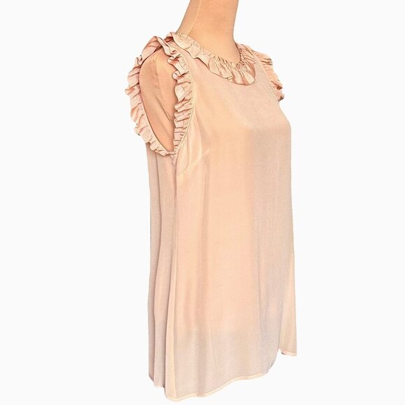 TWELVE COUTURE Sleeveless Ruffle Top Sz.M Peach Blush 100% Silk Coquette Preppy - Picture 2 of 9
